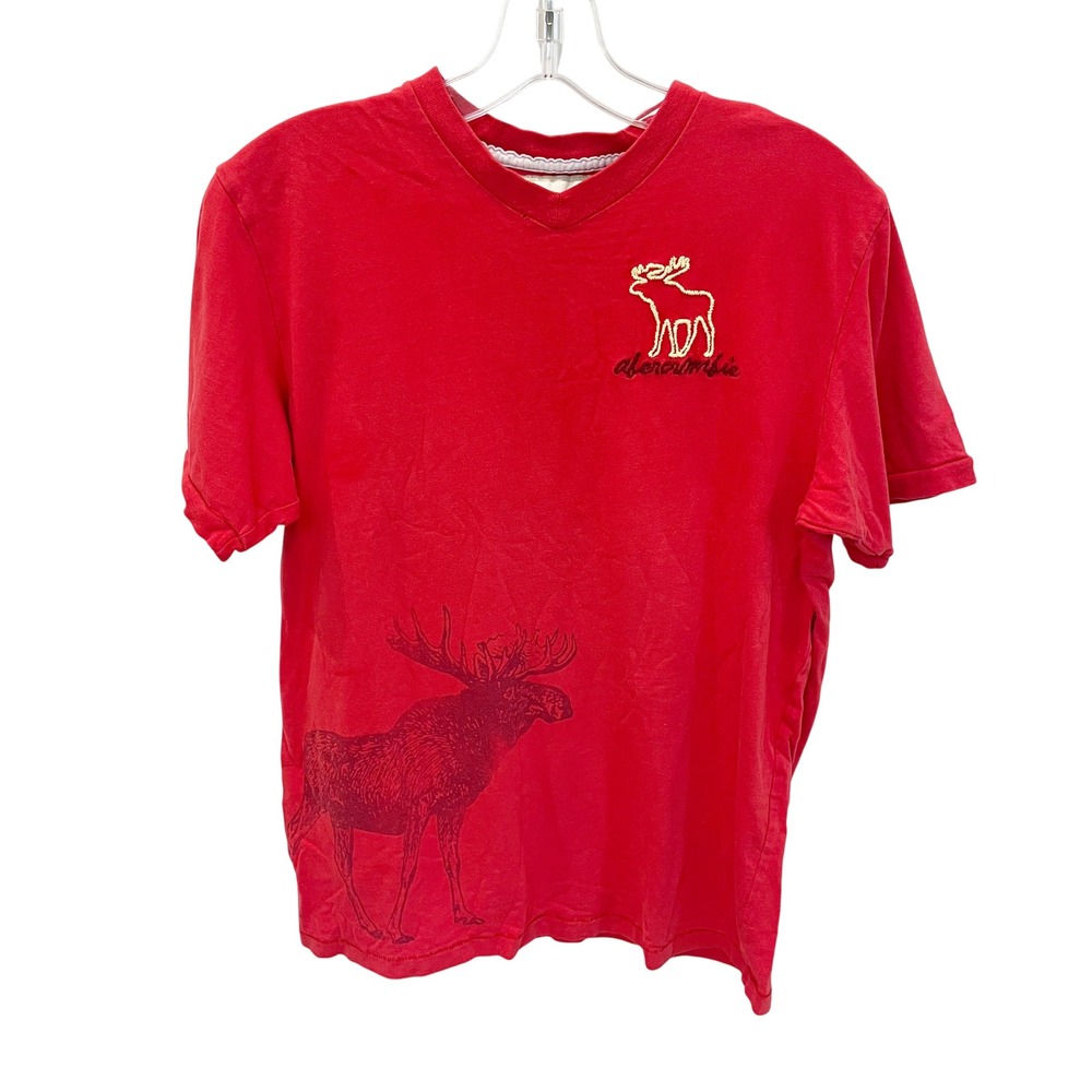 Vintage Abercrombie & Fitch Red V-Neck Moose Graphic T-Shirt Y2K Mens Size XL